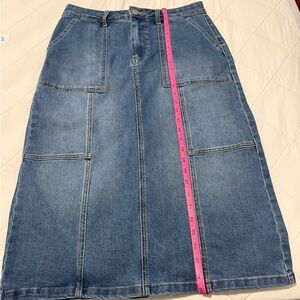 Time and Tru Blue Patchwork-Style Denim Midi Skirt